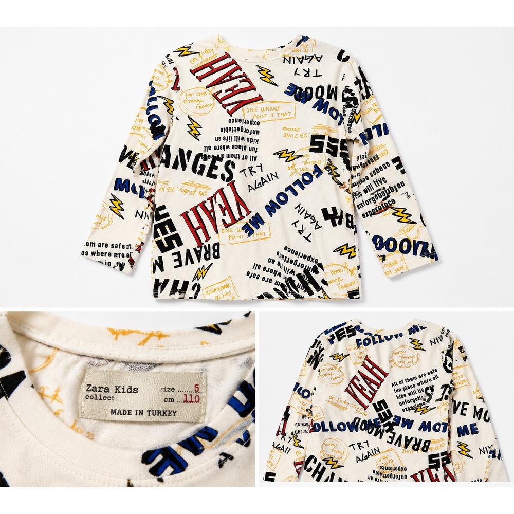 Zara Kids Long Sleeve Tee Size 5 Cream Graffiti Print Excellent Streetwear